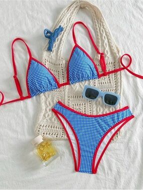 SHEIN Blue Gingham Bikini with Red Trim Swim Set